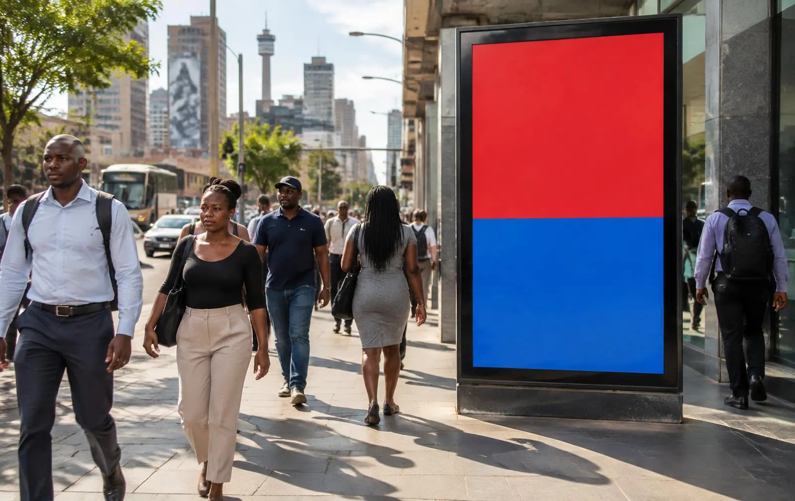 Commuters passing a street-level advertising panel